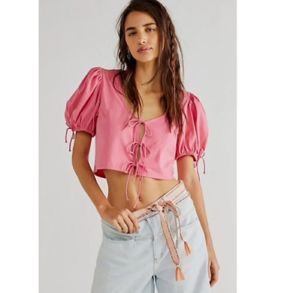 Free People Kitty Tie Front‎ Crop Top Puff Sleeve Pink Romantic M